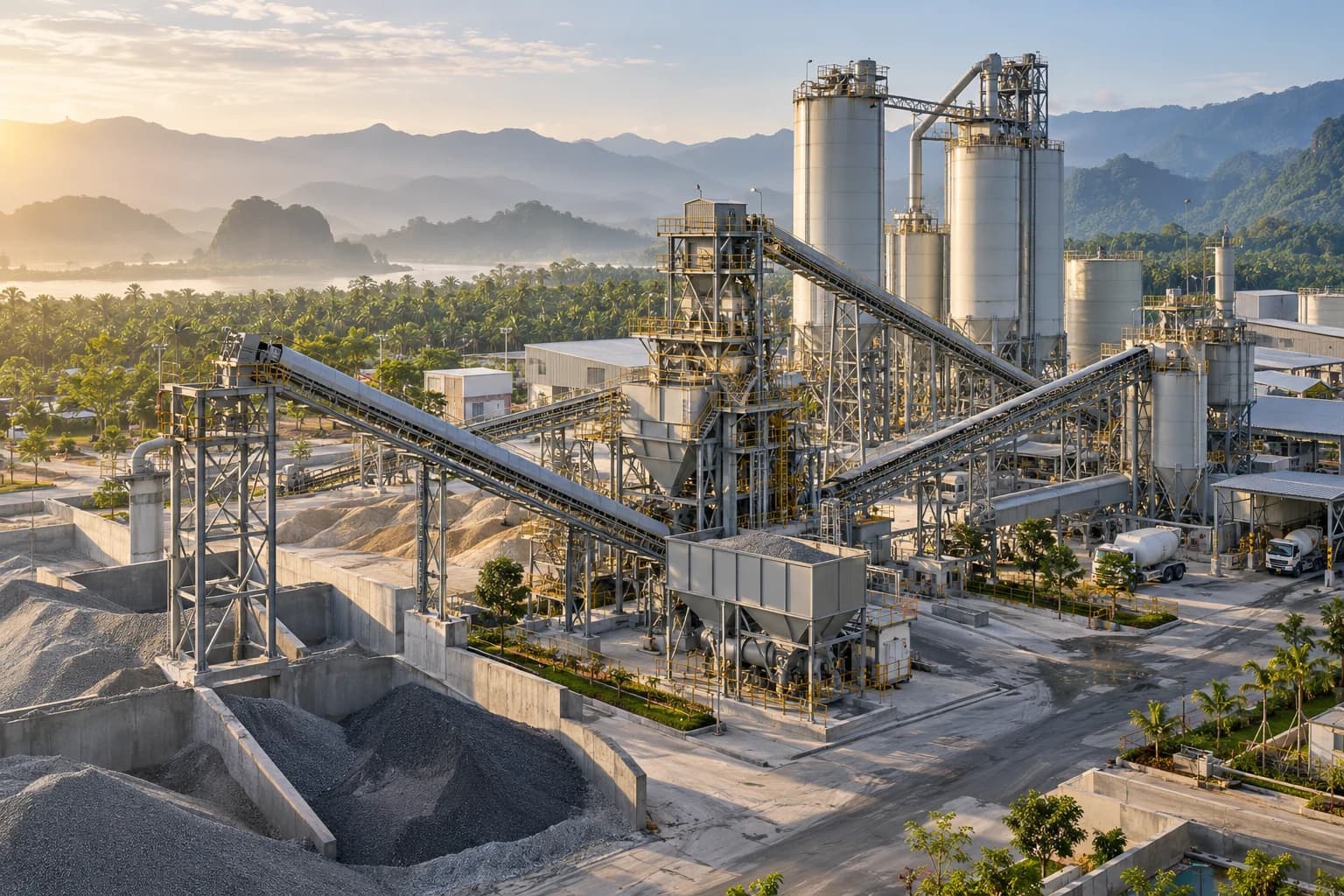 Ilustrasi AI fasilitas plant engineering dengan silo dan konveyor