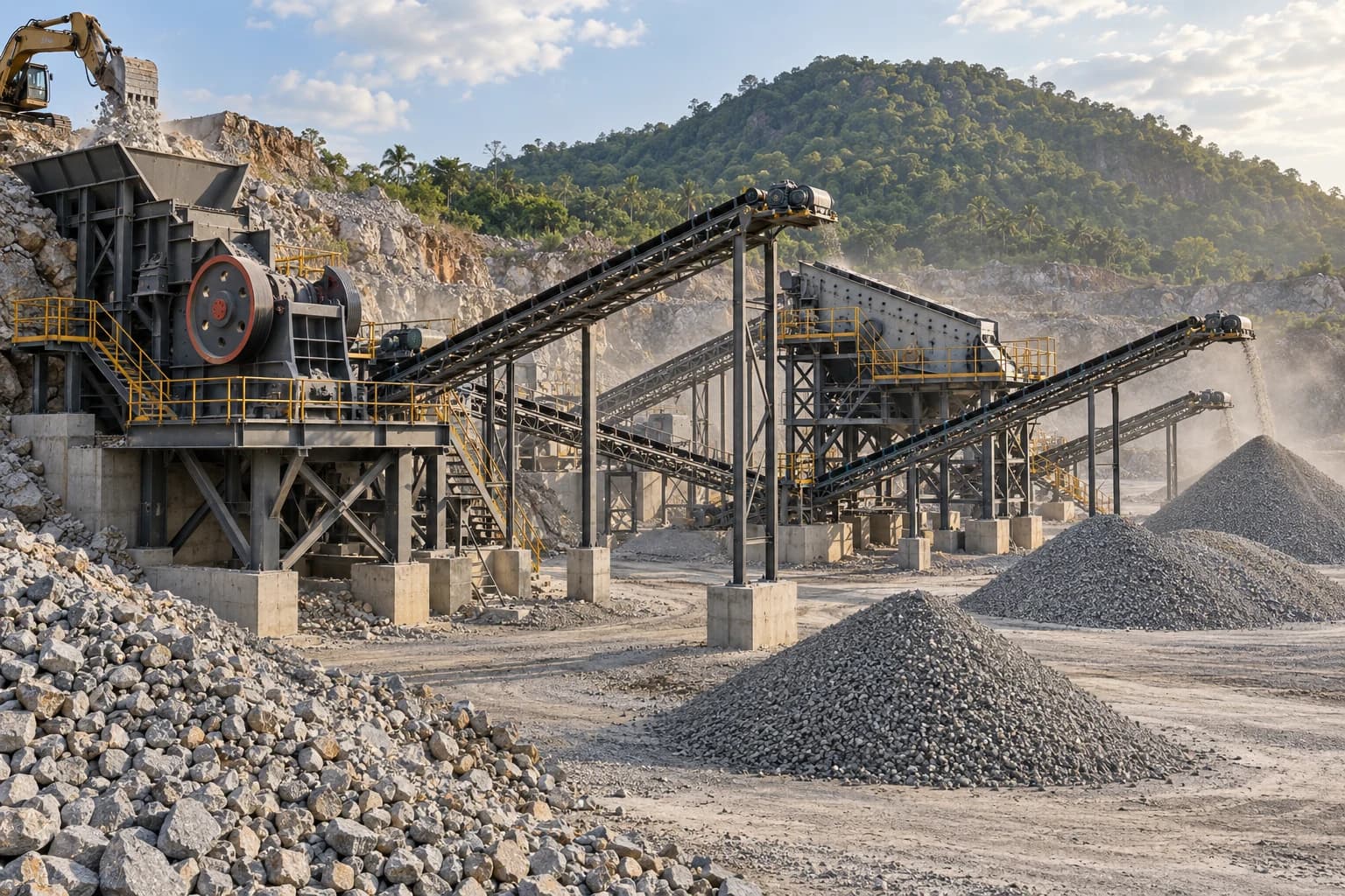 Ilustrasi AI instalasi stone crusher dan konveyor agregat