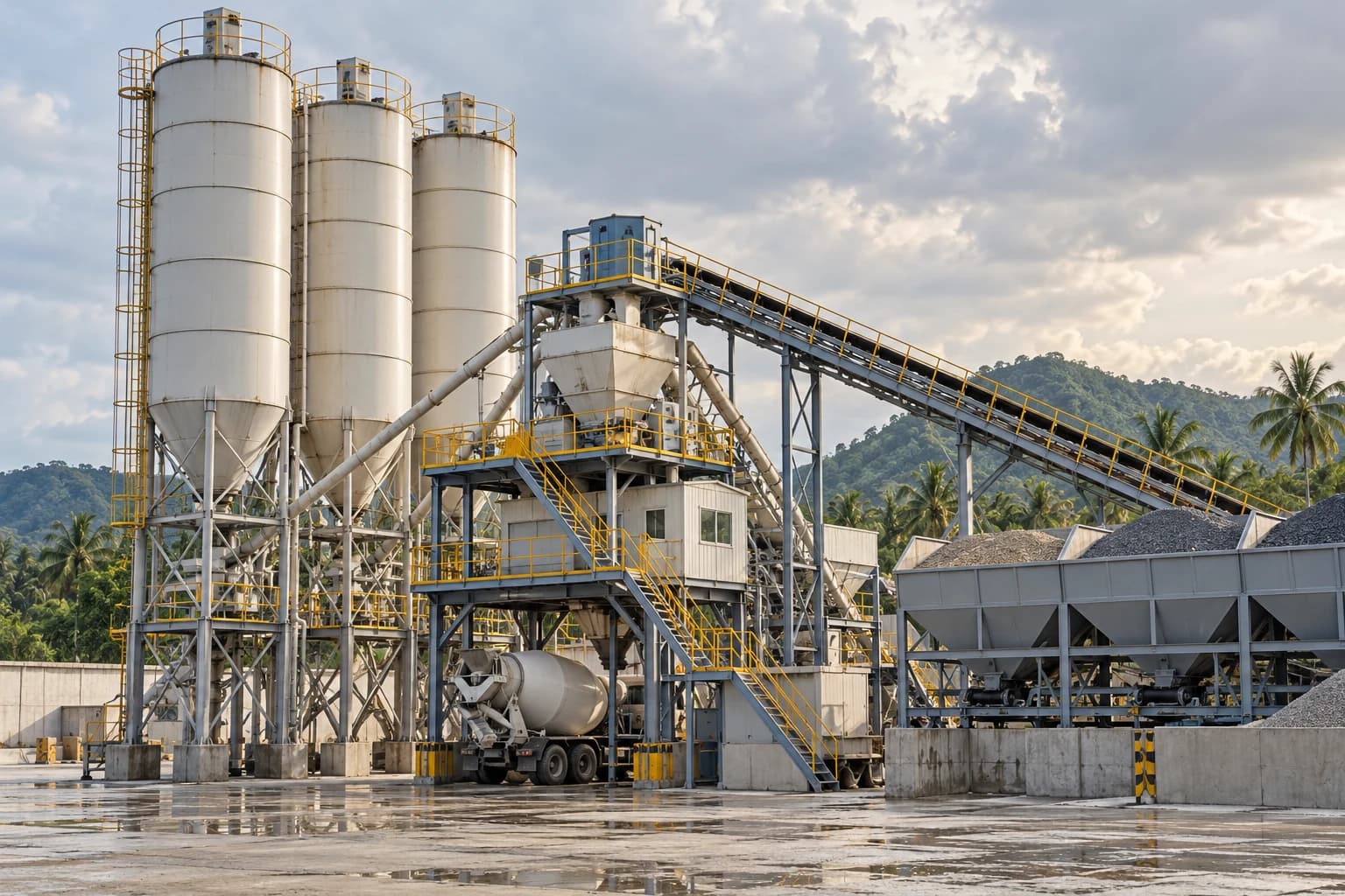 Ilustrasi AI instalasi concrete batching plant
