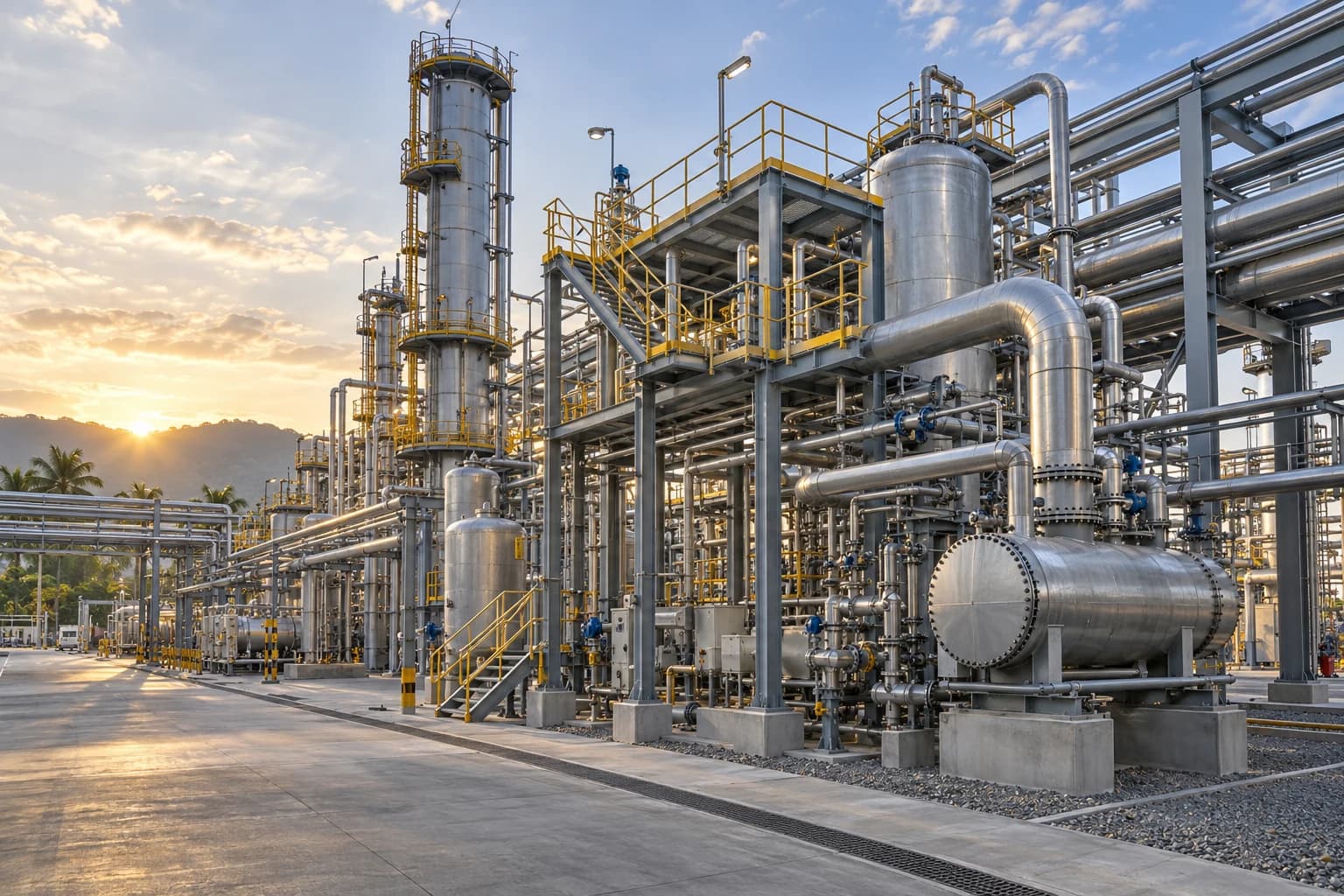 Ilustrasi AI instalasi pipa dan platform industrial plant